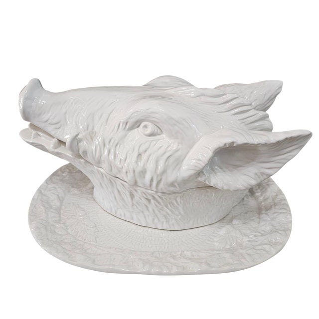 Bordallo Pinheiro Vintage Bordallo Pinheiro Portugal White Boars Head Tureen Platter For Sale - Image 4 of 12