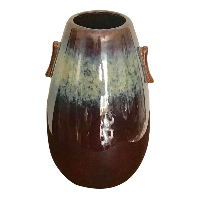 Mid Century Minimalist Modern Chocolate and White Ceramic Vase With Handles For Sale