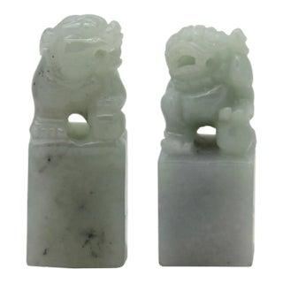 Detail Carved Natural Jade Chinese Table TopFoo Dog Statue - a Pair For Sale