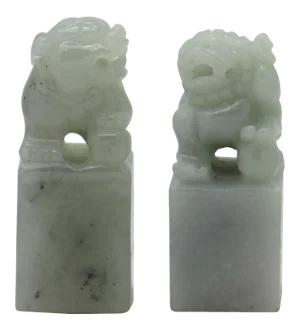 Detail Carved Natural Jade Chinese Table TopFoo Dog Statue - a Pair