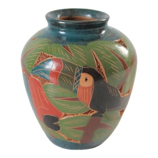 Vintage Folk Art Artisan Made Toucan Bird Design Nicaraguan Vase For Sale