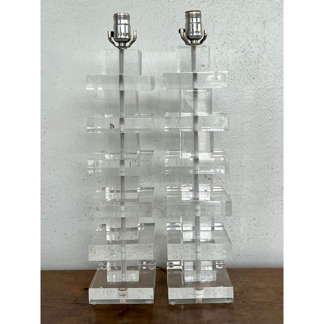 Vintage Stacked Lucite Blocks Lamps - A Pair For Sale In West Palm - Image 6 of 12