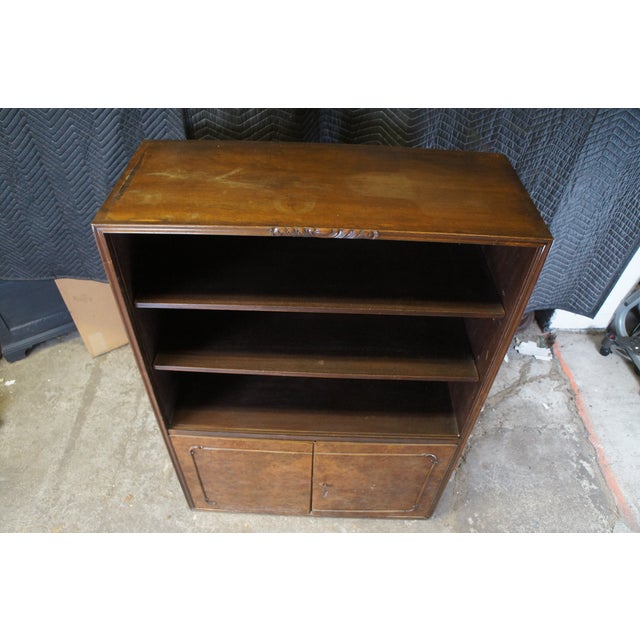 1940s Mid Century Walnut Burl Carved Library Bookcase Bookshelf Cabinet Drawers 58" For Sale - Image 6 of 14