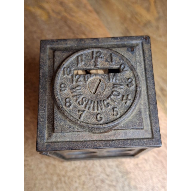 Antique Arcade Cast Iron World Times Clock Still Bank Original Paper Insert C. 1910 For Sale - Image 11 of 15