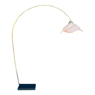Vintage French Art Nouveau Pink Flower and Brass Arc Floor Lamp 1980s For Sale