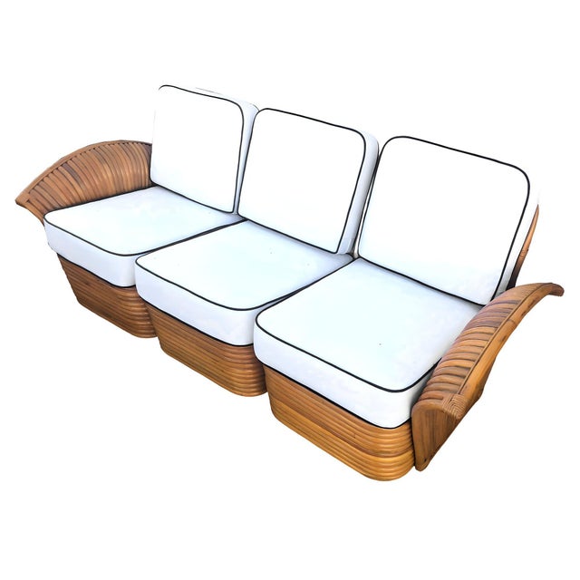 Mid-Century Modern 1930s Restored Art Deco Rattan "Fan Arm" Three-Seat Section Sofa With Stacked Base For Sale - Image 3 of 5