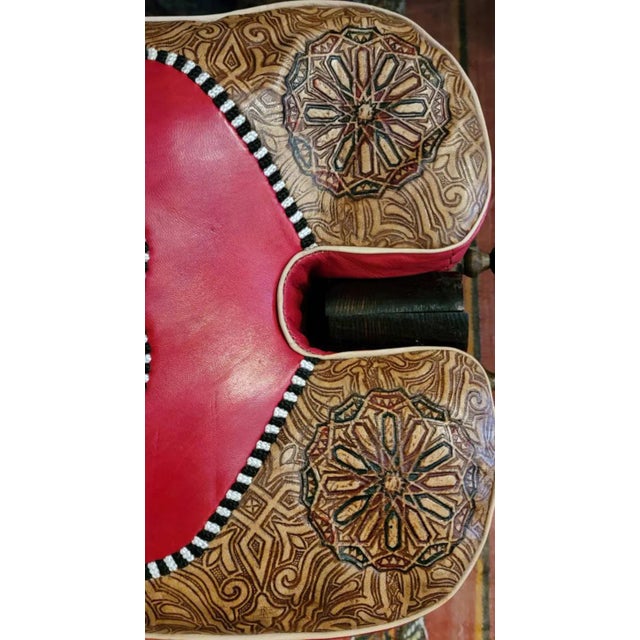 2020s Moroccan Camel Saddles Leather Cushion Stool / Red and Tan For Sale - Image 5 of 7
