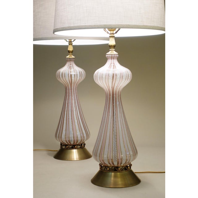 Mid-Century Modern 1960 Large White & Pink Barovier Toso Murano Italy Latticino Blown Art Glass Brass Table Lamps - a Pair For Sale - Image 3 of 13