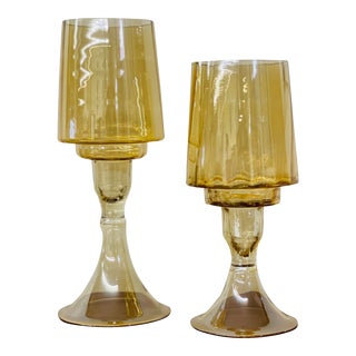 Vintage Amber Glass Pedestal Hurricane Bowls- a Pair For Sale