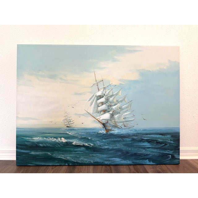 Late 20th Century Listed Artist Hewett Jackson Original Oil Painting | Tall Ship Seascape | Large For Sale - Image 4 of 15