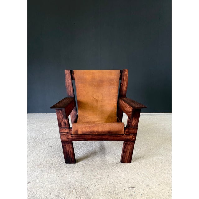 Vintage Midcentury Hand Crafted Beach Leather Sling Lounge Chair. Made in the Netherlands, 1960's period. Solid pine wood...