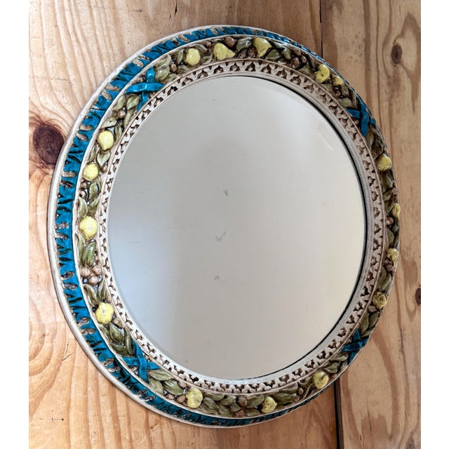 Finely Carved Round Florentine Polychromed & Gilt Lemon, Laurel Wood Mirror For Sale - Image 4 of 10
