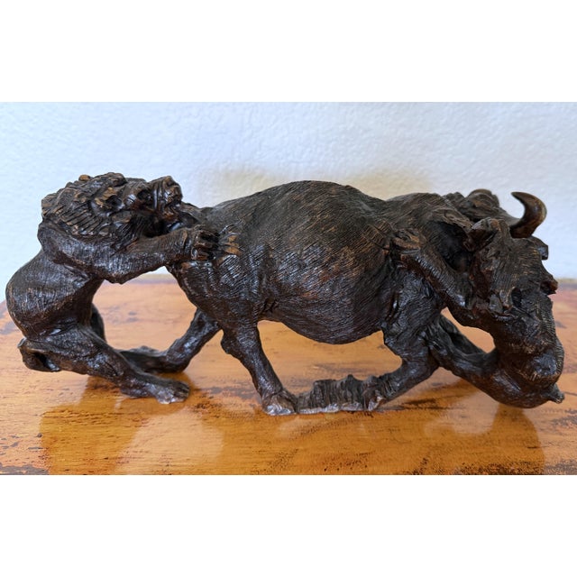Large Hand Carved African Ironwood Sculpture Lions Attacking Cape Buffalo For Sale - Image 9 of 10