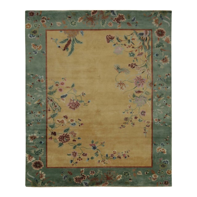 Rug & Kilim Chinese Style Art Deco Rug in Gold with Multicolor Floral Patterns - 8'x10' For Sale