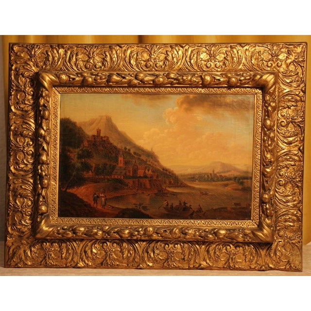Romantic Rhine Landscape with Figures, 1800s, Oil on Canvas, Framed For Sale - Image 8 of 11