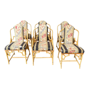 Set/6 French Bamboo Rattan Upholstered Chairs