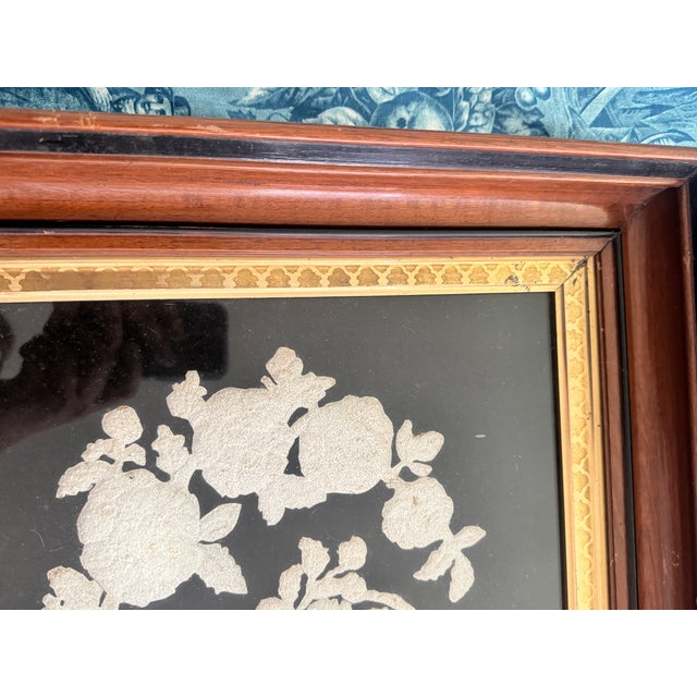 Black Victorian Pin Prick Flower Basket Folk Art Black Velvet Deep Well Frame For Sale - Image 8 of 12