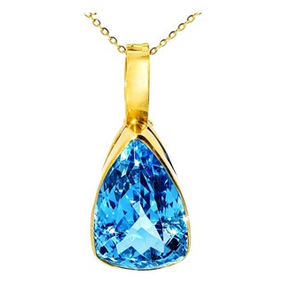 14K Yellow Gold Blue Topaz Pendant Enhancer Vintage Art Deco For Sale