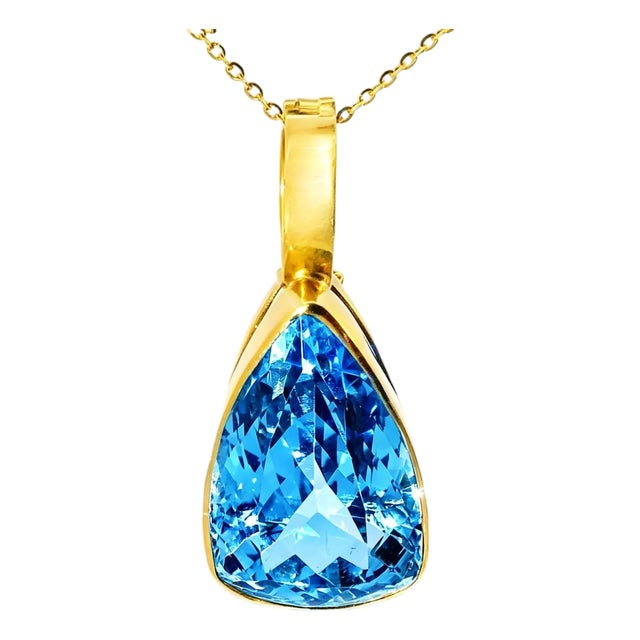 14K Yellow Gold Blue Topaz Pendant Enhancer Vintage Art Deco For Sale