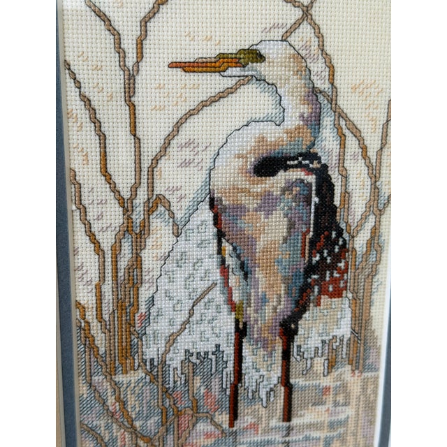 Ivory Vintage Coastal Egret Needlepoint Textile Art in Distressed Wood Frame For Sale - Image 8 of 11