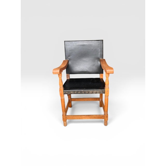 Antique Arts & Crafts Oak Library Armchair With Black Leather For Sale In West Palm - Image 6 of 11