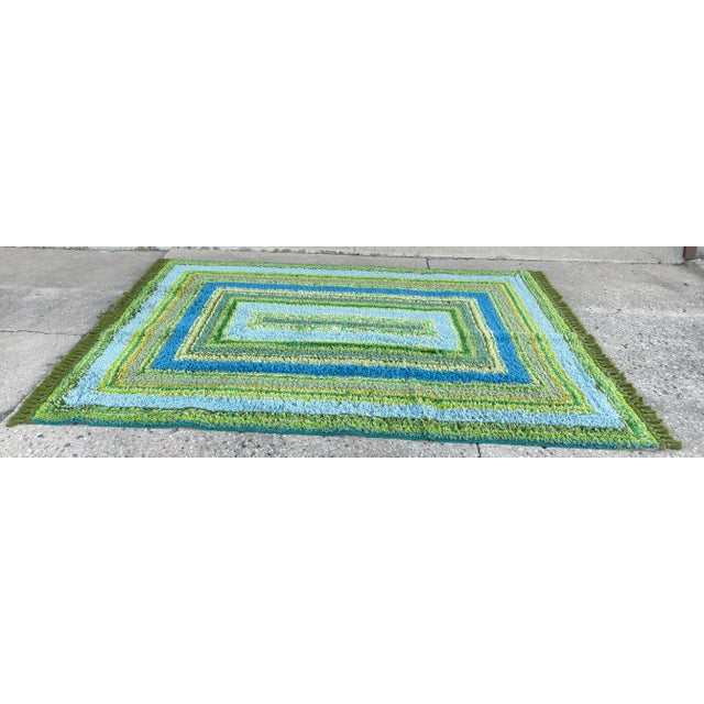 Mid Century Modern - Vintage Handmade Shag – Blue & Green Geometric Design Add a pop of color and texture to your space...