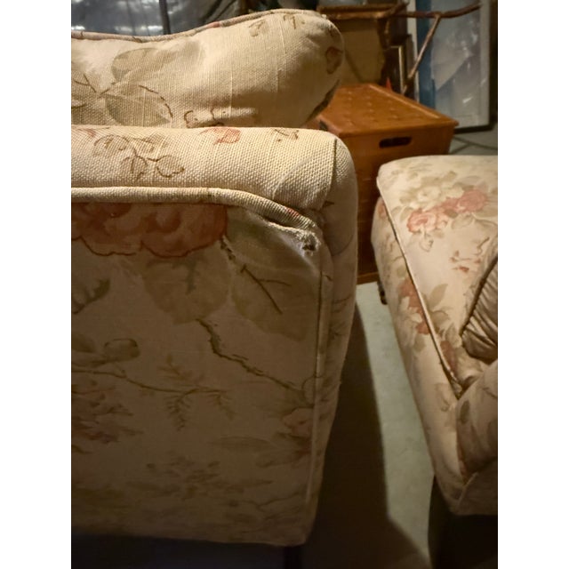 Wood Pair of Vintage Floral Slipper Chairs With Turned Legs & Brass Casters For Sale - Image 7 of 17