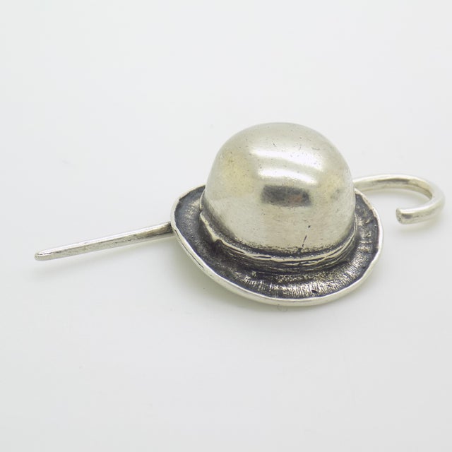 1980s Vintage Italian Handmade Genuine Silver Bowler Hat Stick Dollhouse Miniature For Sale - Image 5 of 10