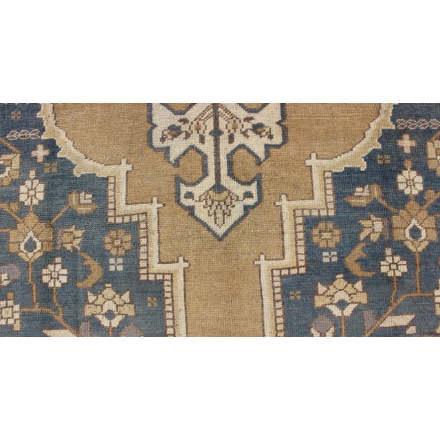 Textile Mid 20th Century Vintage Turkish Oushak With Floral Medallion in Mustard Olive Blue and Cream For Sale - Image 7 of 10