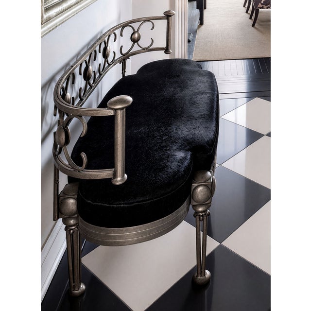 Mid 20th Century Dramatically Elegant... Early 20th C. French Hand-Forged Iron & Black Cowhide Scroll Arm Settee For Sale - Image 5 of 9