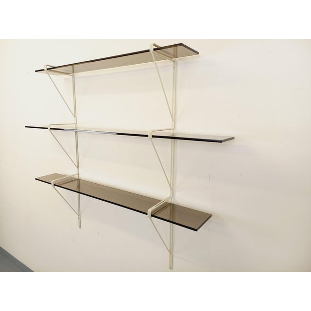 Metal Large Vintage Wall Shelf in Smoked Glass and White Metal, String Tomado Style, from the 1960s, 1970s For Sale - Image 7 of 17