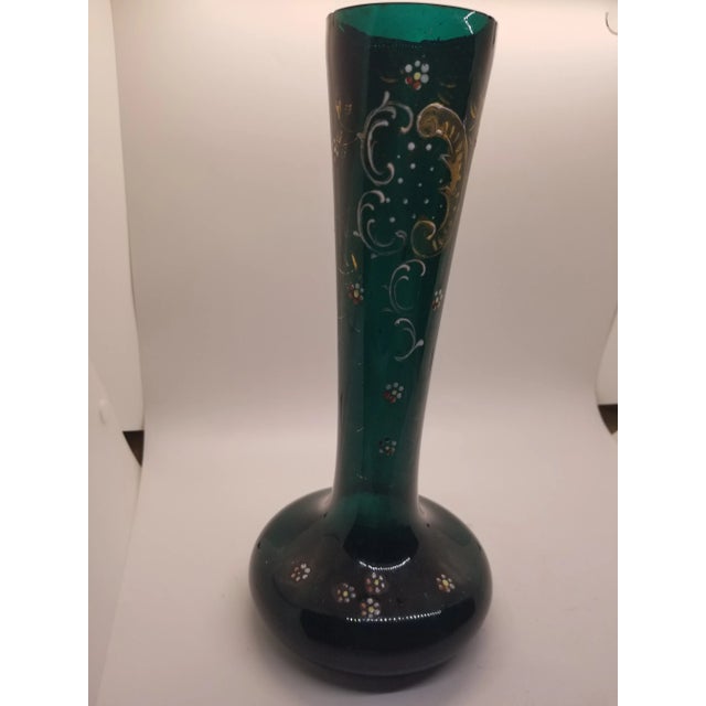 Vintage Emerald Green Flower Bud Vase Hand Painted Gilded Floral Design For Sale - Image 4 of 4