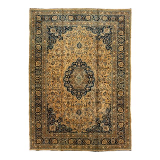 Light Brown Antique Persian Mashad Handmade Wool Rug With Rosette Motif For Sale