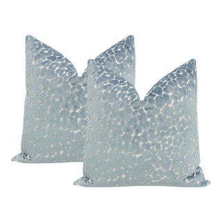 22" Cerulean Blue Leopard Cut Velvet Pillows - a Pair For Sale