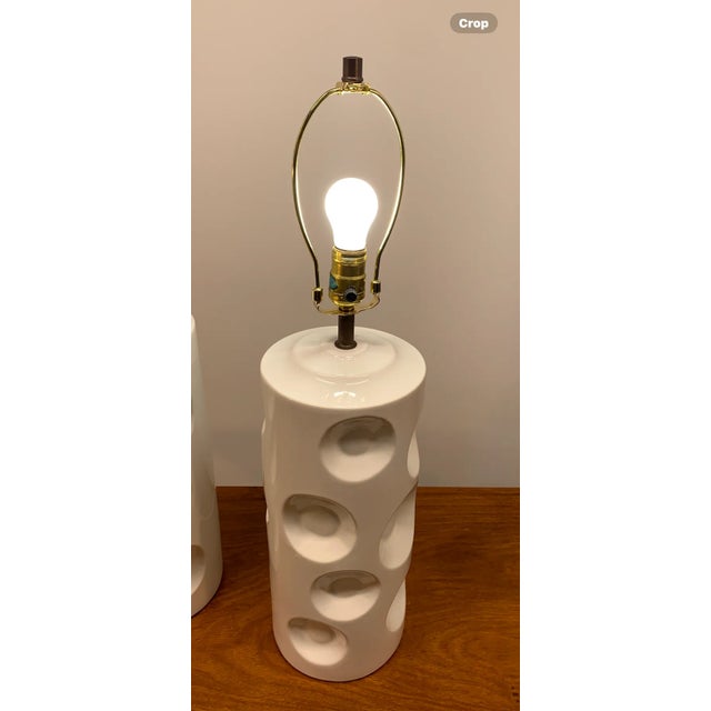 Pair of Mid 20th Century Swiss Cheese Style White Ceramic Table Lamps For Sale - Image 17 of 17