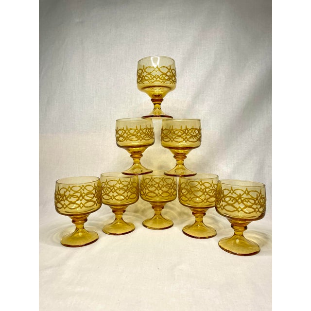 Vintage Mid Century Modern Amber Gold Glass Goblets, Set of 8 For Sale In Houston - Image 6 of 11