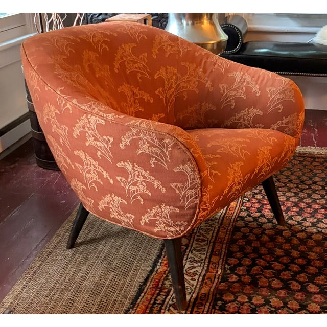 Mid-Century Modern Mid Century Barrel Club Chair With Original Asian Damask Upholstery For Sale - Image 3 of 9