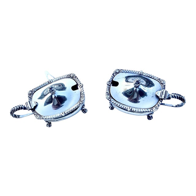 1920s Adie Bros LTD Birmingham Silver Plate Salt Cellars With Cobalt Glass Liners- Set of 2 For Sale