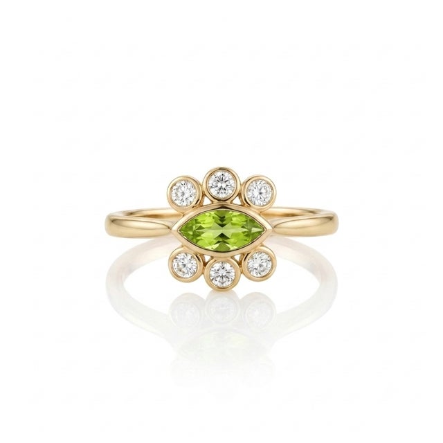 Peridot Marquise Cut Ring | August Birthstone Ring | Unique Style Gemstone Statement Us 7 For Sale - Image 4 of 6