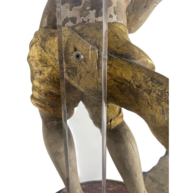 19th Century Carved Polychrome and Giltwood Statue of a Putti For Sale - Image 11 of 14