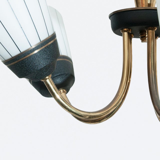 Chandelier with 5 Striped Glass Shades, 1950s, in Very Good conditions. Designed 1950 to 1959 UK Plug (up to 250V).The...