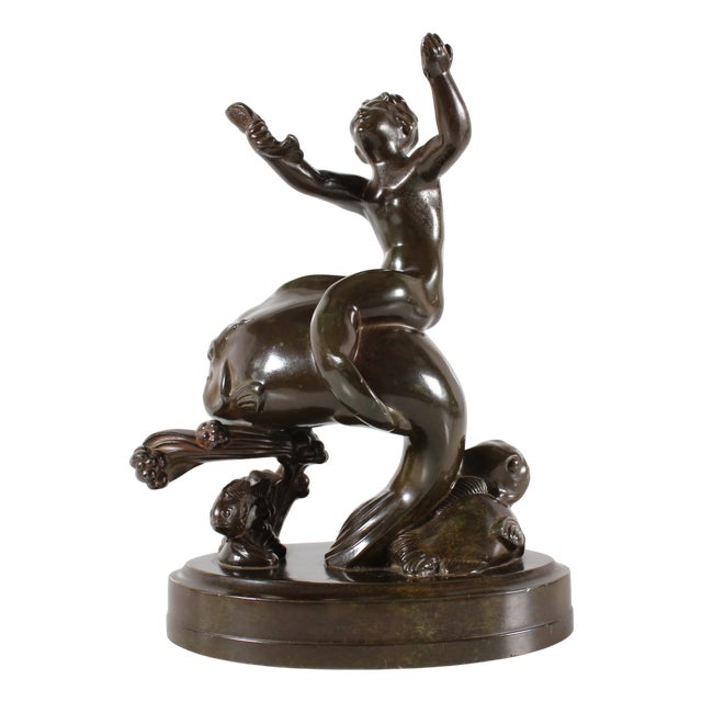 Figurine of Boy on Large Fish in Disco Metal by Just Andersen, 1940s For Sale