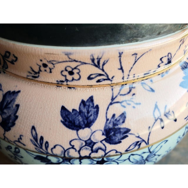 Antique English Staffordshire Style Flow Blue & Blush Biscuit Barrel, C. 1890 For Sale - Image 9 of 11
