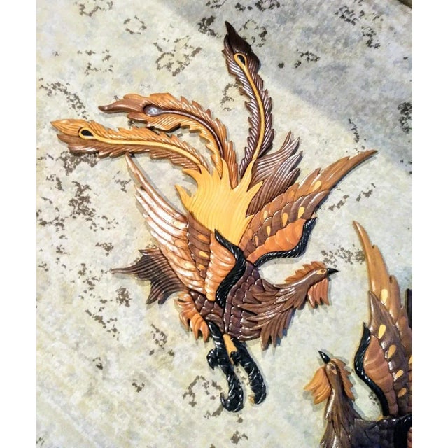 Mid-Century Modern Vintage Mid Century Modern Handmade Custom Tri Colored Carved Wood Fighting Roosters Cocks - a Pair For Sale - Image 3 of 7