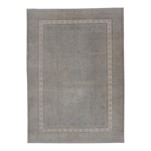 Afghan Khotan Rug With Geometric Design in Shades of Light Blue and Taupe For Sale