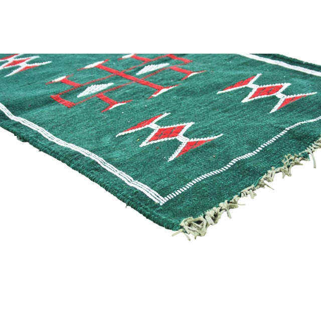 One-of-a-kind handwoven Moroccan flat-weave wool and silk rug, featuring an elegant rhythmic pattern of geometric shapes,...