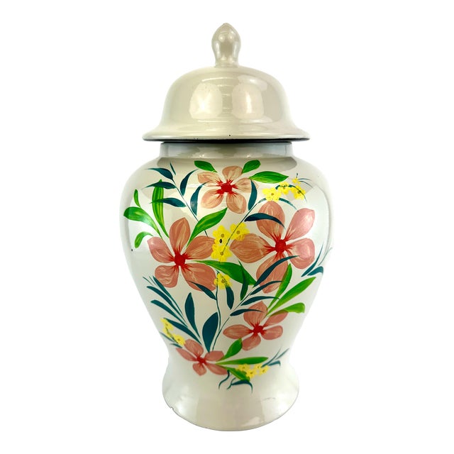 Vintage French Hand-Painted Floral Ginger Jar With Lid For Sale