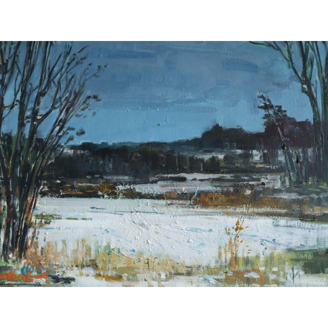 Sky Blue Mid-Century Modern 'Winter Light' Vintage Swedish Expressive Landscape Oil Painting, Framed For Sale - Image 8 of 12