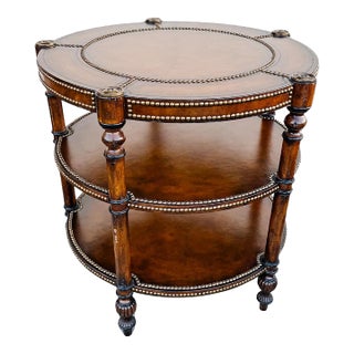 Vintage Regency Leather & Brass 3-Tier Round Center Table - Attributed to Maitland-Smith For Sale