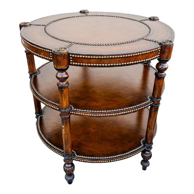 Vintage Regency Leather & Brass 3-Tier Round Center Table - Attributed to Maitland-Smith For Sale